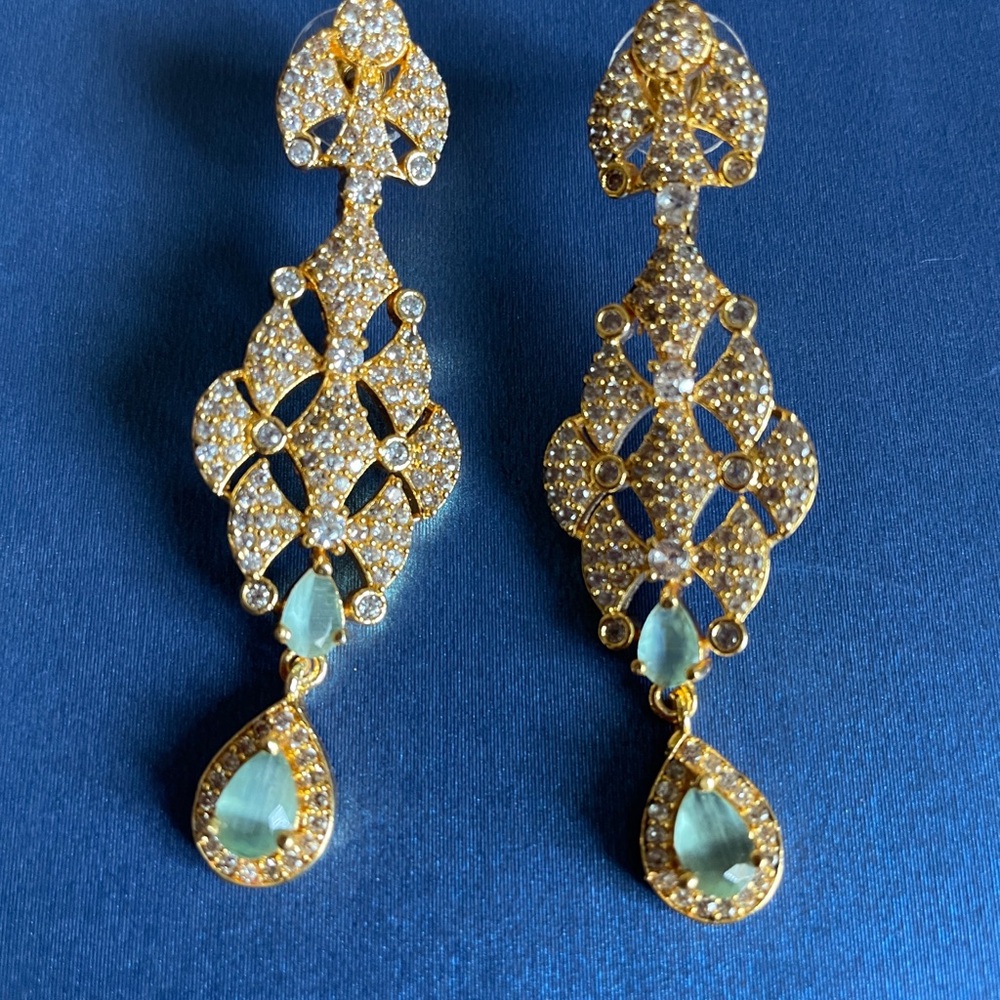 Gold-Tone Crystal Drop Earrings with Light Green Gem Accents